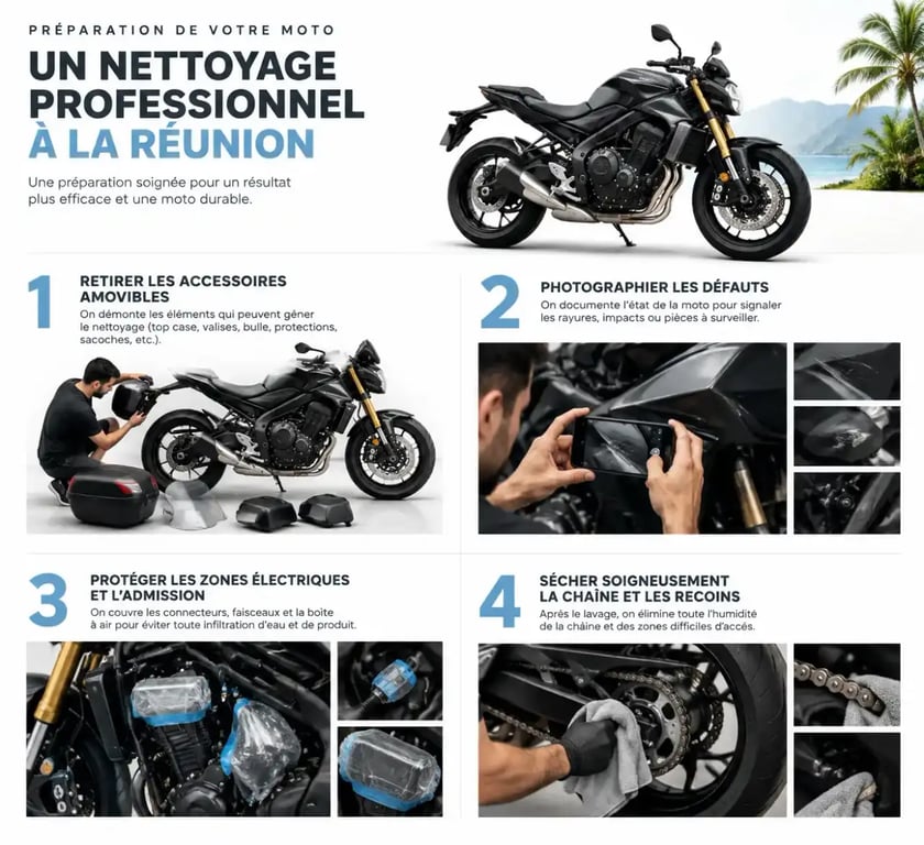 Préparer sa moto avant un nettoyage professionnel à La Réunion