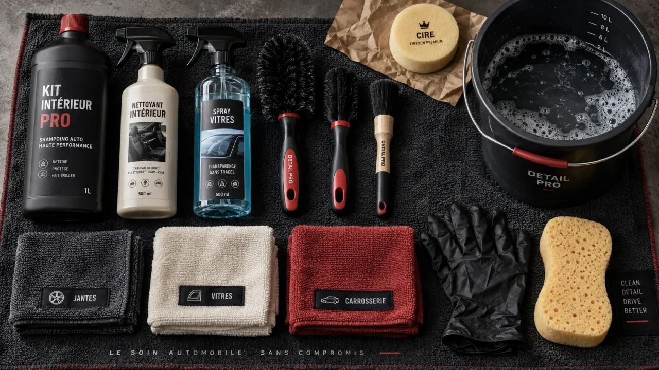 Kit nettoyage voiture pro avec accessoires atelier et microfibres pour voiture
