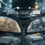 Nettoyage feux voiture : phares jaunis avant, transparents après