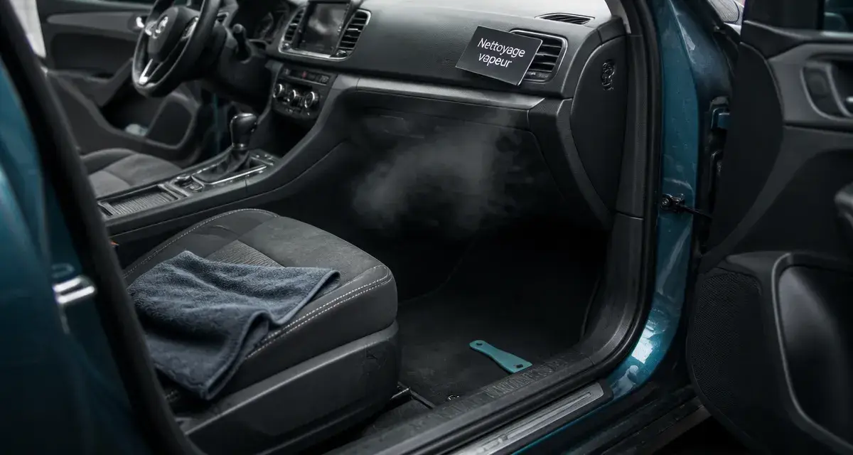 Nettoyage voiture vapeur : microfibre sur siège, vapeur et humidité réduites
