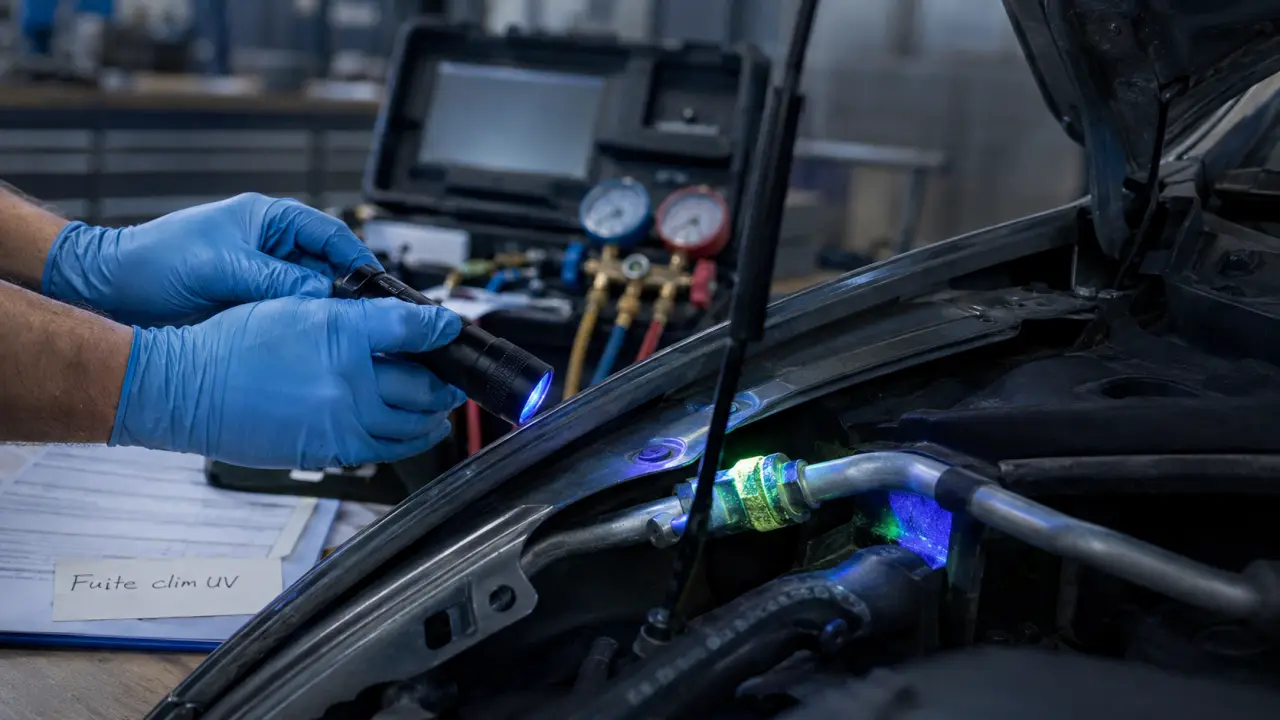 Recherche fuite climatisation auto : contrôle UV sur raccord de clim