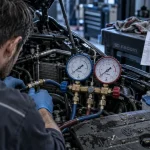 Réparation climatisation auto : technicien avec manomètre et raccords pour diagnostic