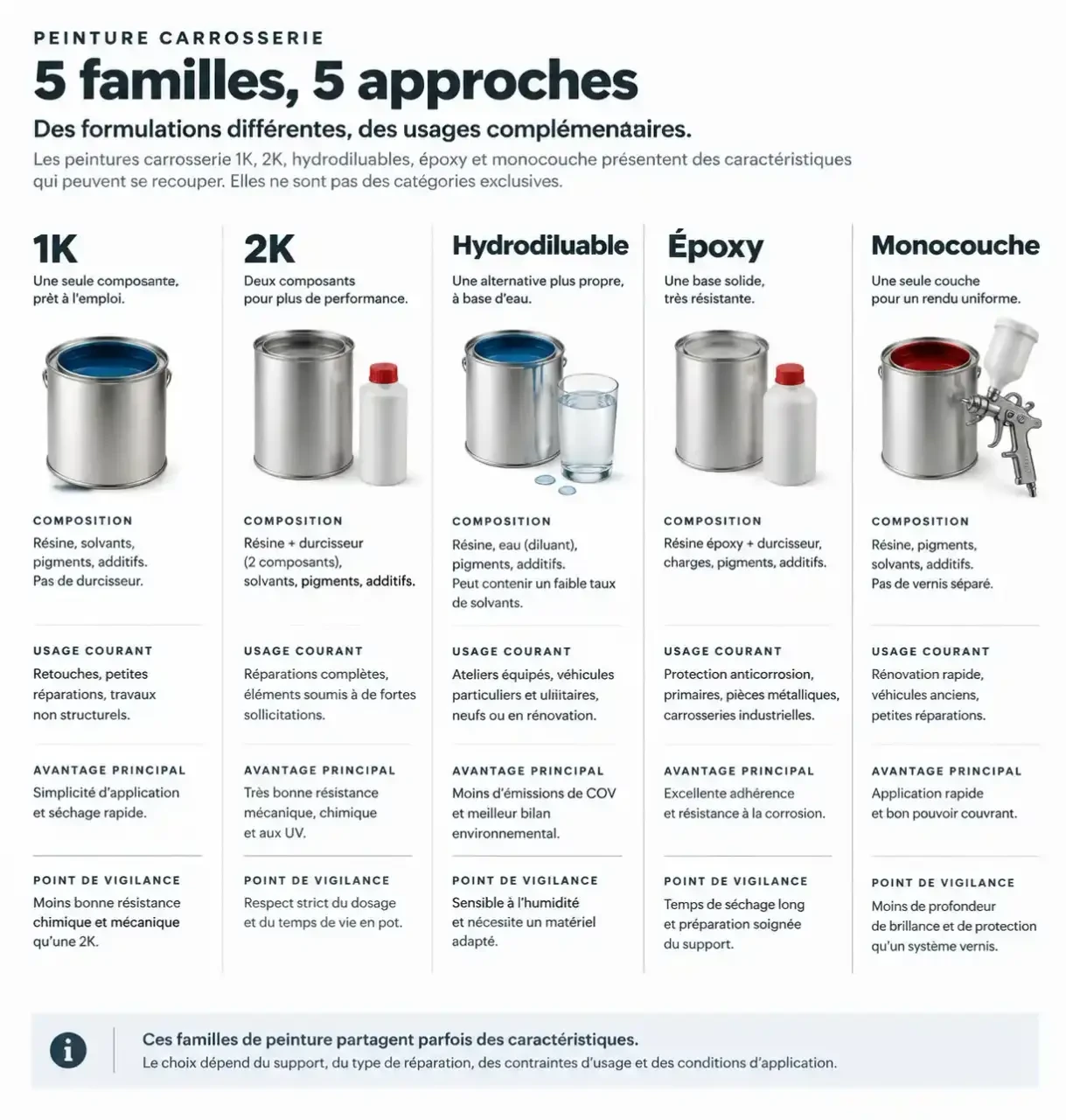 Infographie comparative des familles de peinture carrosserie 1K, 2K, hydrodiluable, époxy et monocouche