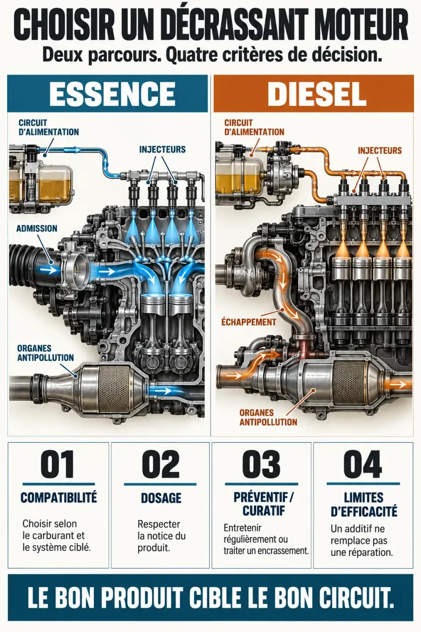 Meilleur decrassant moteur : infographie pour choisir selon le carburant, le dosage et l’usage