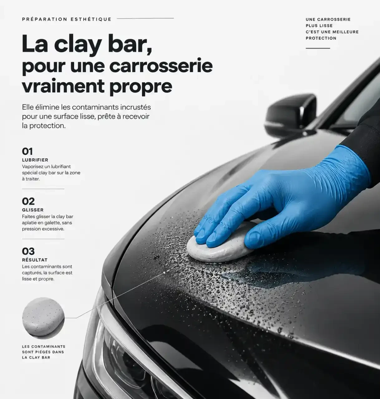 Passage d'une clay bar lubrifiée sur le capot d'une voiture pour une décontamination mécanique de la peinture