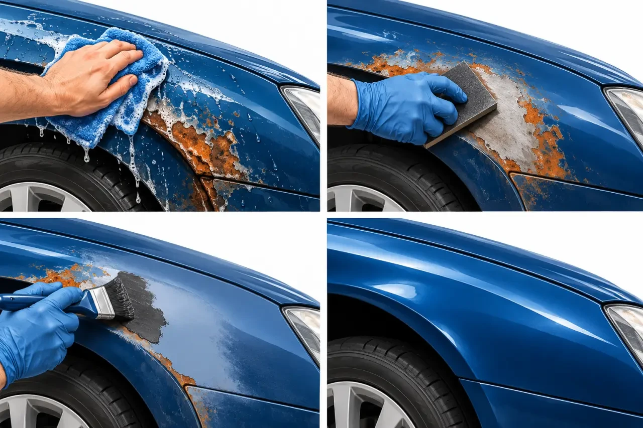 Étapes pour traiter la rouille sur une voiture, du décapage à la peinture
