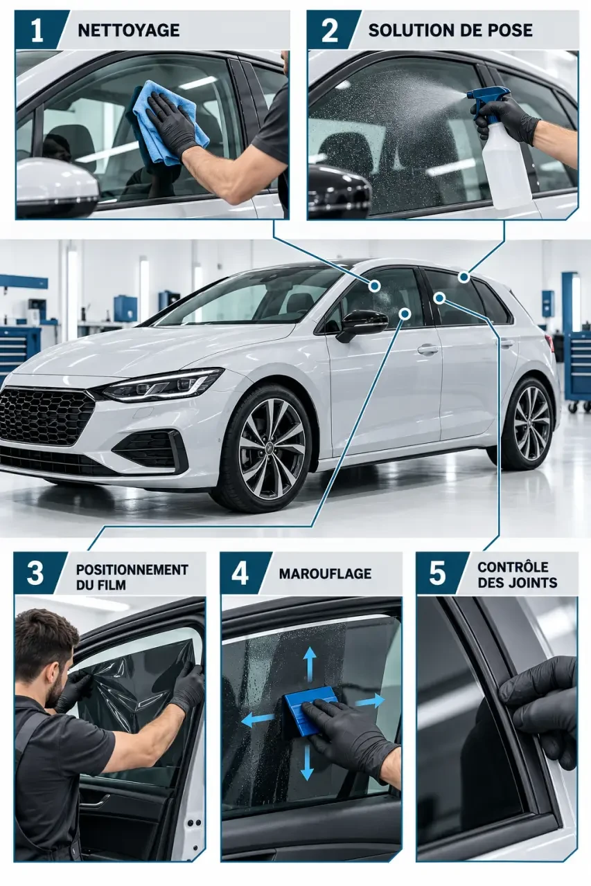 Étapes de pose de vitre teintée voiture avec nettoyage, marouflage et contrôle des finitions