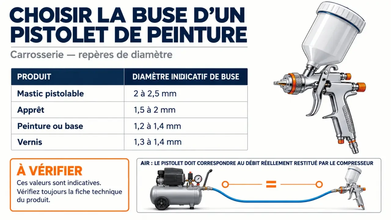 Infographie sur le choix d’un pistolet pour peinture carrosserie selon la buse et le produit