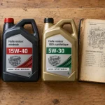 Huile semi synthétique moteur et normes sur bidons, carnet et loupe