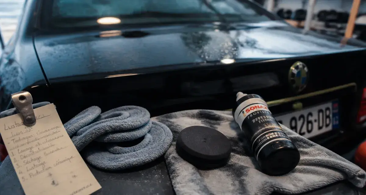 Lustrer une carrosserie : microfibre et polish sur capot sombre