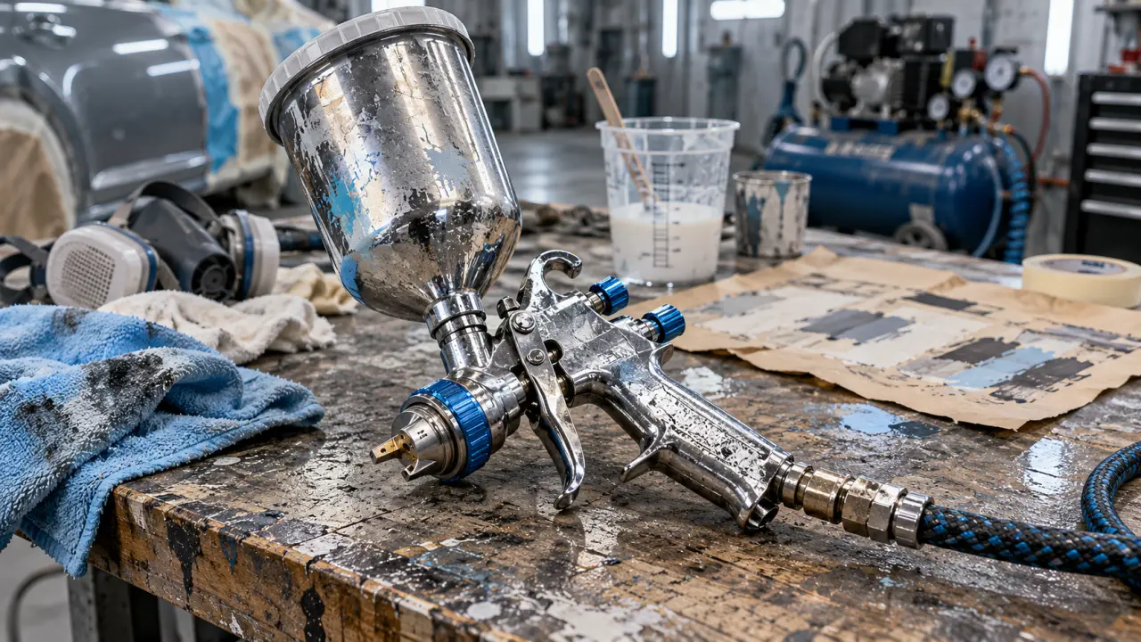 Peinture carrosserie avec pistolet et compresseur en atelier