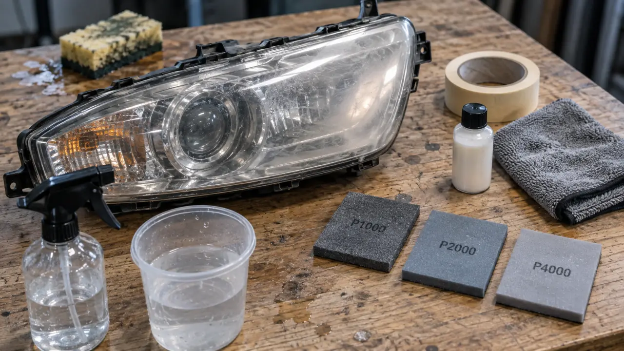 Produit nettoyage phare voiture, microfibre et abrasifs pour optiques de phare