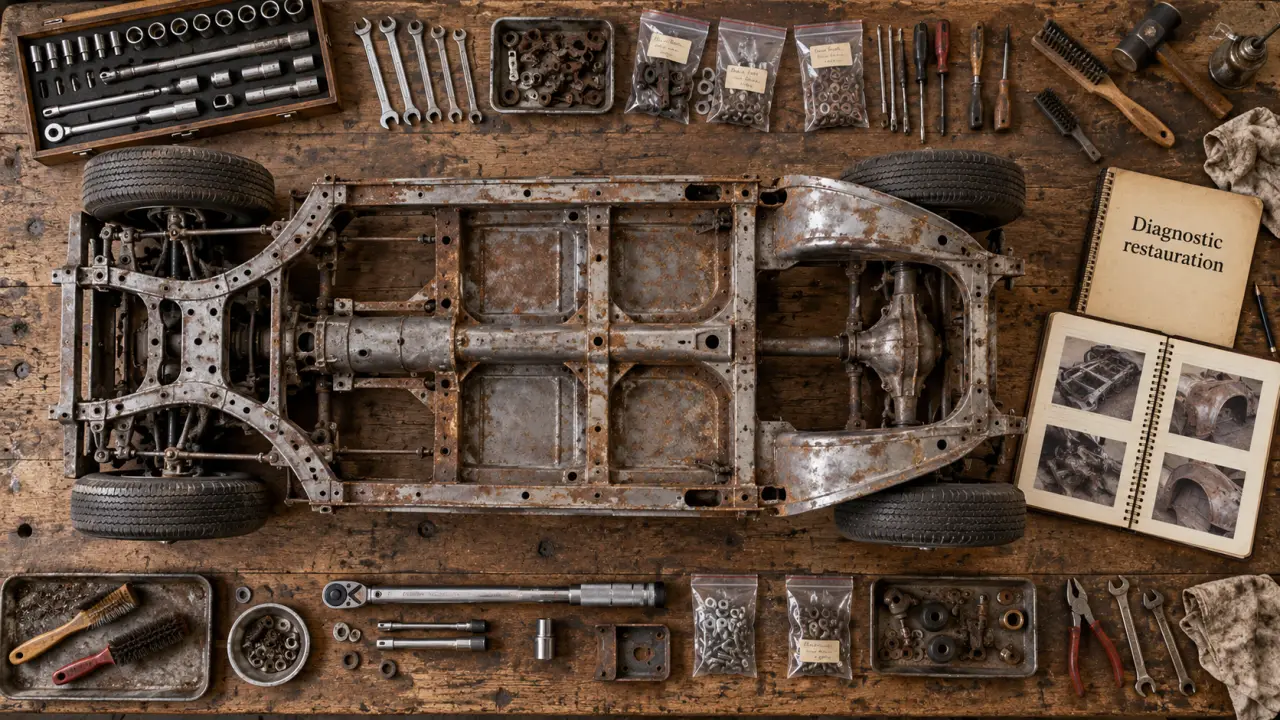 Restauration voiture ancienne : châssis nu et corrosion à évaluer en atelier